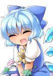  1girl :d ^_^ blue_hair blush bow cirno closed_eyes facing_viewer fang flower fun_bo hair_bow hidden_star_in_four_seasons highres ice ice_wings open_mouth short_hair smile solo sunflower tan touhou wings 