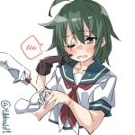  1girl ahoge bangs blush brown_gloves collarbone commentary_request ebifurya eyebrows_visible_through_hair gloves green_eyes green_hair hair_between_eyes hand_up highres kantai_collection kiso_(kantai_collection) manicure neckerchief one_eye_closed open_mouth scar scar_across_eye school_uniform serafuku short_sleeves simple_background single_glove solo_focus spoken_blush sweat twitter_username upper_body white_background 
