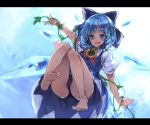  &gt;:d 1girl :d bare_legs barefoot black_panties blue_eyes blue_hair blush bow cirno dress flower flying from_below hair_bow hidden_star_in_four_seasons ice ice_wings large_bow legs letterboxed looking_at_viewer open_mouth panties plant smile solo sunflower tan thick_eyebrows thighs touhou ukyo_rst underwear upskirt vines wings 