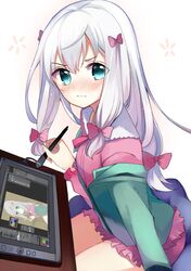  &gt;:( 1girl aqua_eyes bangs blue_eyes blush closed_mouth drawing eromanga_sensei eyebrows_visible_through_hair from_side frown holding izumi_sagiri jacket long_hair looking_at_viewer nose_blush pajamas ry_thae sitting solo stylus tablet white_hair 