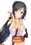  1girl animal_ears black_hair highres kaname_(melaninusa09) koi_dance kuon_(utawareru_mono) long_hair obi sash smile solo traditional_clothes upper_body utawareru_mono utawareru_mono:_itsuwari_no_kamen white_background yellow_eyes 