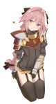  1boy black_legwear blush braid fang fate/apocrypha fate_(series) garter_straps hair_ribbon long_hair looking_at_viewer male_focus ningen_(ningen96) pink_hair ribbon rider_of_black single_braid smile solo thigh-highs trap violet_eyes 