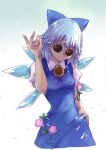  1girl amano_chiharu blue_bow blue_dress blue_eyes blue_hair bow breasts cirno commentary_request dress eyebrows_visible_through_hair flower gradient gradient_background hair_bow hidden_star_in_four_seasons ice ice_wings leaf meme morning_glory parody pink_flower plant puffy_short_sleeves puffy_sleeves salt_bae_(meme) short_hair short_sleeves small_breasts solo sunflower sunglasses tan touhou vines wings 