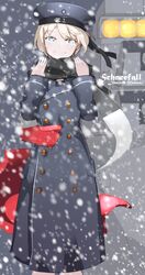  1girl aosora_kamiya blonde_hair blue_eyes coat double-breasted german hat highres kantai_collection looking_at_viewer sailor_hat scarf short_hair snowing solo translated winter_clothes winter_coat z1_leberecht_maass_(kantai_collection) 