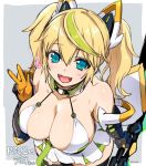  1girl :d aqua_eyes bare_shoulders black_legwear blonde_hair breasts cleavage dress elbow_gloves fangs from_above gauntlets gene_(pso2) gloves hair_between_eyes halterneck headgear highres large_breasts looking_at_viewer looking_up open_mouth phantasy_star phantasy_star_online_2 short_dress sketch smile solo thigh-highs twintails white_dress yajiro_masaru 