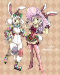  2girls ;d adjusting_clothes adjusting_hat animal_ears argyle argyle_background boots bow bunny_tail disney earrings easter easter_wonderland end_bunny_(disney) flower frills full_body hat hat_bow jewelry leotard looking_at_viewer multicolored_shirt multicolored_shoes multiple_girls oekaki one_eye_closed open_mouth overalls pink_boots pink_leotard polka_dot puffy_sleeves rabbit_ears red_bow roller_skates rose sepia_background short_hair skates smile standing tail thigh-highs thigh_boots white_hair yamipika yellow_rose 