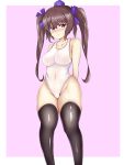  &gt;:( 1girl bangs black_legwear blush breasts brown_hair commentary covered_navel curvy hair_ribbon hat highres himekaidou_hatate itusin3 leotard long_hair looking_at_viewer medium_breasts nose_blush ribbon solo sweat thick_thighs thigh-highs thigh_gap thighs tokin_hat touhou twintails violet_eyes white_leotard wide_hips 