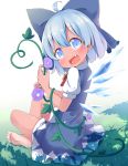  1girl :d barefoot blue_bow blue_dress blue_eyes blue_hair blush bow cirno dress fairy_wings fang flower grass hair_bow hidden_star_in_four_seasons highres ice ice_wings looking_at_viewer makuran open_mouth plant short_hair short_sleeves sitting smile solo tan touhou vines wings 
