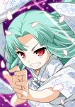  &gt;:) 1girl aqua_hair fang floral_print grin japanese_clothes kimono kiriha_(tsugumomo) long_hair looking_at_viewer minazuki_futago petals red_eyes smile solo teeth tsugumomo white_kimono 