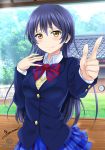 1girl blazer blue_hair blush bow breasts jacket long_hair looking_at_viewer love_live! love_live!_school_idol_project medium_breasts nez-kun pointing school_uniform smile solo sonoda_umi standing sweater_vest yellow_eyes 