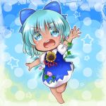  &gt;:d 1girl :d barefoot blue_eyes blue_hair blush bow chibi cirno dress flower hair_bow hidden_star_in_four_seasons open_mouth outstretched_arms plant polka_dot polka_dot_background sacchan_happy short_hair smile solo star sunflower tan touhou vines waving 