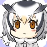  1girl :&lt; =3 blush_stickers breath brown_eyes engiyoshi face fur_collar kemono_friends lowres no_nose northern_white-faced_owl_(kemono_friends) solo translated 