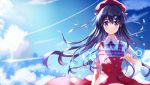  1girl bangs black_hair blue_eyes blush closed_mouth day dress hair_ornament hat hat_ribbon highres long_hair looking_at_viewer miu_(pixiv4149478) neck_ribbon original red_dress red_ribbon ribbon short_sleeves sky smile solo sunlight upper_body 
