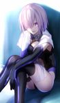  1girl breasts elbow_gloves fate/grand_order fate_(series) gloves hair_over_one_eye large_breasts leotard looking_at_viewer purple_hair revision shielder_(fate/grand_order) shinooji short_hair sitting solo sweat thigh-highs towel violet_eyes 