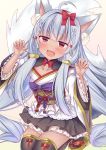  1girl :3 ahoge animal_ears blush bow braid dark_skin dog_ears dog_tail eyebrows_visible_through_hair fang hair_bow hairband long_hair long_sleeves looking_at_viewer open_mouth original paw_pose red_bow red_eyes red_hairband silver_hair smile solo tail twin_braids yukina_(black0312) 
