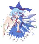  1girl barefoot blue_dress blue_eyes blue_hair cirno dress flower frills full_body gla hair_ribbon hidden_star_in_four_seasons highres ice ice_wings looking_at_viewer looking_back open_mouth plant puffy_sleeves ribbon short_hair short_sleeves simple_background smile solo tan touhou vines white_background wings 