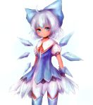  1girl adapted_costume ahoge amanojaku blue_eyes blush bow cirno dress expressionless feather_skirt hair_bow highres ice ice_wings large_bow looking_at_viewer puffy_short_sleeves puffy_sleeves short_sleeves silver_hair solo tan thigh-highs touhou wings zettai_ryouiki 