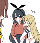  !? 3girls alternate_headwear arm_hug black_hair black_ribbon blonde_hair brown_hair doyagao flying_sweatdrops hair_ribbon hakama hakama_skirt houshou_(kantai_collection) japanese_clothes kantai_collection lowres multiple_girls ribbon school_uniform serafuku shimakaze_(kantai_collection) simple_background smug spoken_interrobang sweatdrop white_background yamato_(kantai_collection) yoichi_(umagoya) 