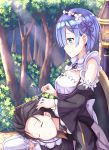  1boy 1girl black_hair blue_eyes blue_hair blush closed_eyes closed_mouth day forest from_side hair_over_one_eye hand_on_another&#039;s_head highres holding lap_pillow maid maid_headdress natsuki_subaru nature outdoors profile re:zero_kara_hajimeru_isekai_seikatsu reins rem_(re:zero) revision ribbon-trimmed_clothes ribbon-trimmed_legwear ribbon_trim short_hair sitting smile sunlight thigh-highs tukisiro_nao 