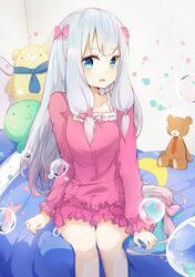  1girl bangs bedroom blue_eyes blue_hair blush bow bubble collarbone eromanga_sensei eyebrows_visible_through_hair frills grey_hair hair_bow indoors izumi_sagiri legs_together long_hair long_sleeves looking_at_viewer on_bed open_mouth pajamas pink_bow sitting solo stuffed_animal stuffed_octopus stuffed_toy teddy_bear very_long_hair zzzzxxx2010nian 