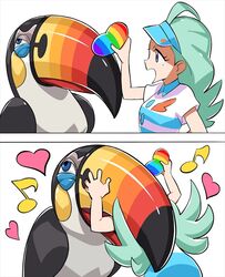  1girl 2koma ahoge aqua_hair beans bird biting comic elite_four heart instant_loss_2koma kahili_(pokemon) long_hair musical_note open_mouth pokemon pokemon_(creature) pokemon_(game) pokemon_sm protected_link quaver rainbow shirt short_sleeves silent_comic simple_background striped striped_shirt toucan toucannon tsune_kouhii violet_eyes visor_cap white_background 