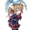  1girl animal_ears arms_behind_back black_legwear blush bow bowtie brown_hair capelet cat_ears cowboy_shot dragon_on_head hair_between_eyes hair_ribbon layered_skirt long_hair looking_at_viewer pantyhose pina_(sao) red_bow red_bowtie red_eyes red_ribbon red_skirt ribbon short_twintails silica_(sao-alo) skirt smile solo standing sword_art_online transparent_background twintails 