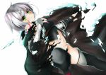  1girl assassin_of_black bandage bare_shoulders black_legwear black_panties blush breasts cape fate/apocrypha fate/grand_order fate_(series) gloves green_eyes highres looking_at_viewer navel panties scar short_hair silver_hair simple_background small_breasts solo thigh-highs underwear white_background 