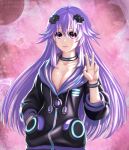  1girl adult_neptune bracelet breasts choujigen_game_neptune cleavage collar collarbone cowboy_shot d-pad holster hood hooded_jacket hoodie jacket jewelry jyu-ichi large_breasts long_hair long_sleeves looking_at_viewer neptune_(series) open_clothes open_jacket open_mouth pink_hair pose shin_jigen_game_neptune_vii smile solo thigh_holster usb v violet_eyes 