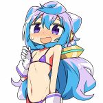  1boy bikini blue_hair blush commentary gloves hacka_doll hacka_doll_3 hair_ornament kanikama long_hair lowres navel open_mouth simple_background solo sweatdrop swimsuit trap upper_body violet_eyes white_background white_gloves 