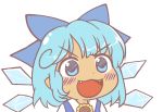  &gt;:3 1girl :3 blue_bow blue_dress blue_eyes blue_hair blush_stickers bow cirno dot_nose dress eyebrows_visible_through_hair fangs flower gyate_gyate hair_bow hair_ornament hidden_star_in_four_seasons ice ice_wings ikiyouz looking_at_viewer meme open_mouth pointy_ears shirt short_hair smile solo sunflower tan tareme touhou transparent_background white_shirt wings 