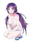  1girl bikini breasts cleavage frilled_bikini frills full_body green_eyes hair_ornament hair_scrunchie kurokawa_makoto large_breasts long_hair looking_at_viewer love_live! love_live!_school_idol_project navel open_mouth purple_hair sandals scrunchie simple_background sketch smile solo squatting swimsuit toujou_nozomi very_long_hair white_background white_bikini 