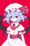  1girl bat_wings blue_hair commentary_request dress frilled_hat frilled_shirt_collar frilled_sleeves frills gla hair_between_eyes hat hat_ribbon highres looking_at_viewer puffy_short_sleeves puffy_sleeves red_ascot red_background red_eyes red_ribbon red_sash remilia_scarlet ribbon sash short_hair short_sleeves simple_background solo touhou upper_body white_dress white_hat white_skin wings 