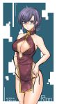  1girl :/ armpits artist_name bare_arms bare_shoulders black_hair black_panties blue_eyes breasts china_dress chinese_clothes cleavage closed_mouth cowboy_shot cowlick dated dress hands_on_hips highres large_breasts looking_at_viewer miura_hajime original panties pelvic_curtain short_hair side-tie_panties sleeveless sleeveless_dress solo underwear untied untied_panties wardrobe_malfunction 