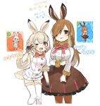  2girls ;3 animal_ears ankle_boots arm_at_side arrow bangs beige_outline blonde_hair blush boots bow bowtie breasts brown_boots brown_eyes brown_footwear brown_hair brown_legwear brown_shoes brown_skirt bunny_tail buttons character_name chibi clenched_hand clenched_hands coat collar cowboy_shot cropped_legs dot_nose double_v easter european_hare_(kemono_friends) eyebrow_twitching eyebrows_visible_through_hair eyelashes fingernails frilled_shirt frilled_skirt frills full_body fur-trimmed_legwear fur-trimmed_sleeves fur_collar fur_trim gloves gradient_hair hair_over_one_eye hand_on_own_arm hand_on_own_chest hand_up hands_up height_difference high-waist_skirt highres japari_symbol jitome kemono_friends knees_together_feet_apart knees_touching large_breasts long_hair long_sleeves looking_at_viewer mary_janes mountain_hare_(kemono_friends) multicolored multicolored_clothes multicolored_gloves multicolored_hair multiple_girls neck_ribbon one_eye_closed open_mouth outline pantyhose paw_background pink_ribbon pleated_skirt rabbit_ears red_bow red_bowtie red_eyes reference_work ribbon shirt shoe_ribbon shoes short_hair short_sleeves sidelocks simple_background sketch skirt smile smug spawnfoxy standing swept_bangs tail tareme thigh-highs v white_background white_hair white_legwear white_shirt white_skirt yoshizaki_mine zettai_ryouiki 