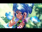  1girl :d asuzemu blue_bow blue_eyes blue_hair bow cirno dappled_sunlight flower hair_bow hidden_star_in_four_seasons ice ice_wings letterboxed looking_at_viewer open_mouth puffy_short_sleeves puffy_sleeves short_hair short_sleeves smile solo sunflower sunlight touhou upper_body wings 