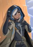  1girl ana_(overwatch) braid dark_skin day eyepatch facial_tattoo garry_virgustry grey_hair hand_on_own_chest headband hijab hood open_mouth outdoors overwatch ponytail revision solo tattoo v 