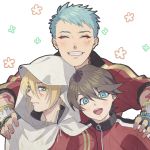  3boys ^_^ aqua_hair black_hair blonde_hair blue_eyes chagashi closed_eyes grin hand_on_another&#039;s_shoulder hood horikawa_kunihiro jacket male_focus multiple_boys open_mouth smile touken_ranbu track_jacket upper_body yamabushi_kunihiro yamanbagiri_kunihiro 