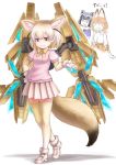  0_0 3girls :d animal_ears black_hair bow bowtie brown_eyes brown_hair closed_mouth common_raccoon_(kemono_friends) extra_ears eyebrows_visible_through_hair fennec_(kemono_friends) fox_ears fox_tail full_body fur_trim gloves gradient_legwear gundam gundam_unicorn hand_on_hip high-waist_skirt highres kemono_friends kosai_takayuki mecha_musume multiple_girls o_o open_mouth pink_sweater puffy_short_sleeves puffy_sleeves raccoon_(kemono_friends) raccoon_ears serval_(kemono_friends) serval_ears serval_print shadow shirt shoes short_sleeves skirt sleeveless sleeveless_shirt smile square_mouth standing sweater tail thigh-highs translated unicorn_gundam_phenex white_background white_gloves white_shirt white_shoes yellow_bow yellow_bowtie zettai_ryouiki 