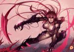  1girl amaha_masane antenna_hair armor black_sclera breasts claws cleavage evil_grin evil_smile grin kachima large_breasts long_hair patreon_logo redhead smile solo witchblade yellow_eyes 