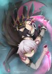  1girl ass assassin_of_black bandage bare_shoulders black_legwear cape fate/apocrypha fate/grand_order fate_(series) gloves green_eyes highres looking_at_viewer looking_up open_mouth panikuru_yuuto rain scar short_hair silver_hair solo thigh-highs underwear weapon 