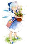  1girl ^_^ azuma_aya bandaid bandaid_on_face blue_bow blue_dress blue_hair blue_shoes blush bow carrying cirno closed_eyes dress facing_viewer flower flower_pot full_body grass grin hair_between_eyes hair_bow hidden_star_in_four_seasons ice ice_wings morning_glory object_hug pink_flower puffy_short_sleeves puffy_sleeves shoes short_sleeves signature smile solo standing sunflower tan touhou white_background wings yellow_flower 