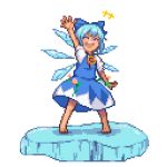  ajia_(otya3039) barefoot blue_bow blue_dress blue_hair bow cirno closed_eyes dress flower hand_up hidden_star_in_four_seasons ice ice_wings pixel_art smile sunflower tan touhou transparent_background waving wings 