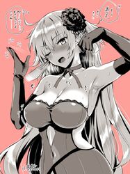  1girl armpits bare_shoulders blush breasts cleavage covered_navel dress fate/grand_order fate_(series) gloves jeanne_alter kojima_saya large_breasts long_hair looking_at_viewer monochrome navel open_mouth ruler_(fate/apocrypha) simple_background solo sweat translation_request 