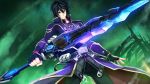  1boy apollones black_hair fairy_fencer_f game_cg official_art sword trench_coat tsunako violet_eyes weapon 