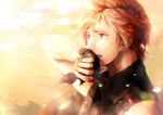  1boy akirakarin bare_shoulders blonde_hair crying final_fantasy final_fantasy_xv fingerless_gloves gloves male_focus prompto_argentum solo sunset tears violet_eyes 