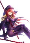 1girl absurdres armor bodysuit breasts fate/grand_order fate_(series) gae_bolg highres holding holding_weapon large_breasts long_hair looking_at_viewer pauldrons polearm purple_bodysuit purple_hair red_eyes scathach_(fate/grand_order) shoulder_armor shu-jinx solo spear veil weapon 