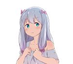  1girl bare_shoulders blue_eyes blush bow closed_mouth eromanga_sensei eyebrows_visible_through_hair hair_bow highres izumi_sagiri looking_to_the_side off_shoulder okamen pink_bow shirt short_sleeves simple_background solo t-shirt transparent_background upper_body 