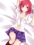  1girl bed_sheet blush brown_eyes from_above looking_at_viewer love_live! love_live!_school_idol_project lying navel nishikino_maki on_back on_bed open_clothes out_of_frame plaid plaid_skirt puzsan redhead school_uniform shirt short_hair short_sleeves sketch skirt solo white_shirt 