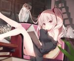  1girl bird book brown_eyes brown_hair chair cup hair_in_mouth legs long_hair mouth_hold no_pants off_shoulder original owl reading shirt shuuichi_(gothics) sitting teacup teapot twintails two_side_up 