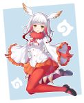  1girl black_shoes blue_background blush breasts crested_ibis_(kemono_friends) eyebrows_visible_through_hair frilled_sleeves frills from_side full_body gloves head_tilt head_wings highres japanese_crested_ibis_(kemono_friends) japari_symbol kemono_friends kuta_(shi_cai) legs_up long_hair long_sleeves looking_at_viewer mary_janes medium_breasts multicolored_hair open_mouth orange_skirt pantyhose pleated_skirt red_gloves red_legwear redhead shirt shoes skirt solo two-tone_hair white_hair white_shirt wide_sleeves yellow_eyes 